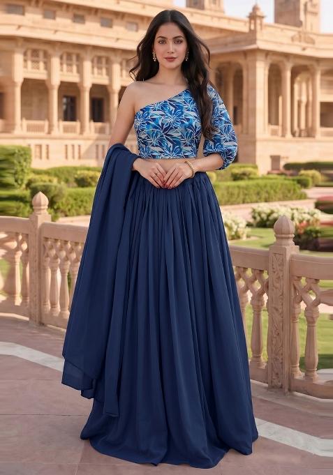 Dark Blue Floral Print Crepe Lehenga Set