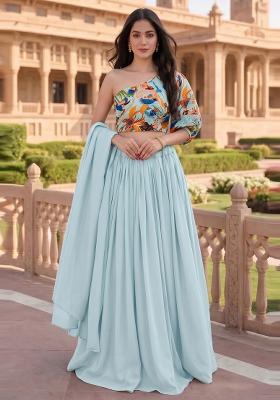 Light Blue Printed Crepe Lehenga Set