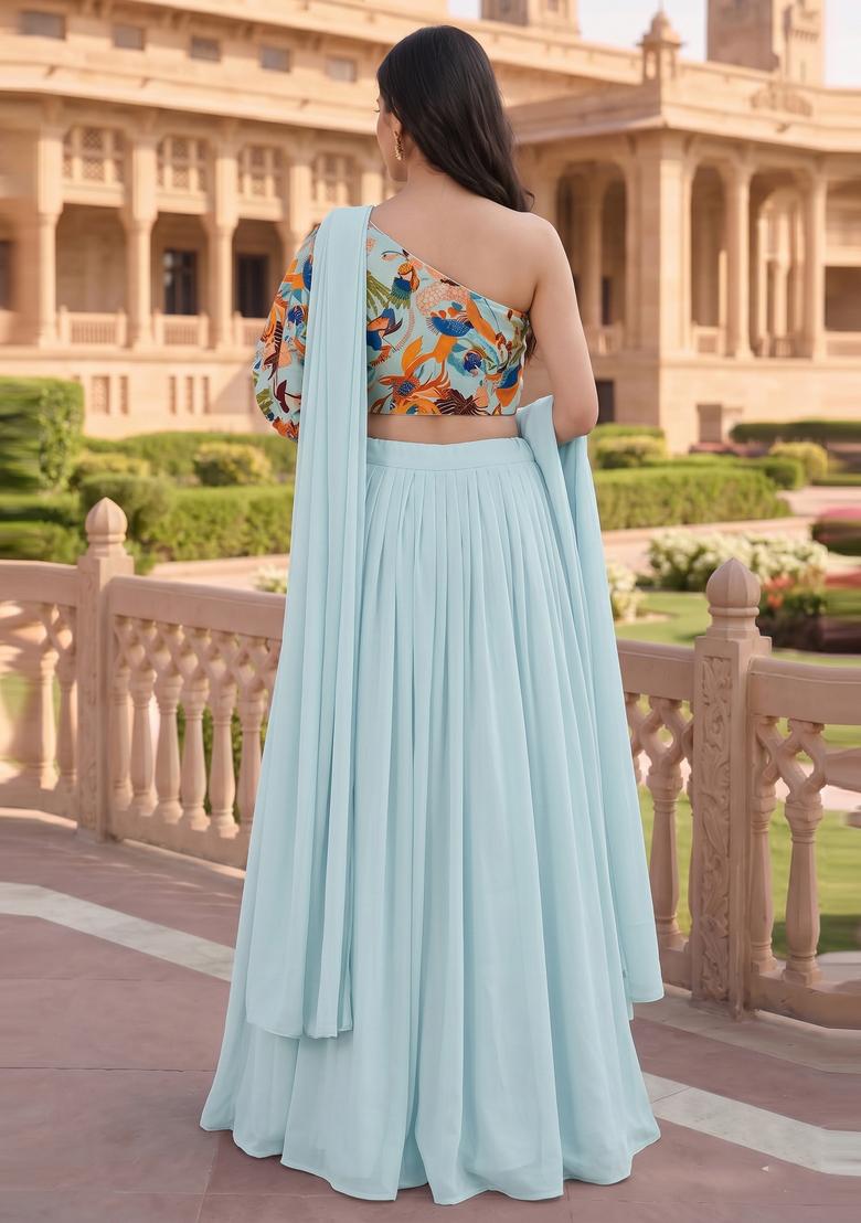 Light Blue Printed Crepe Lehenga Set - Indya