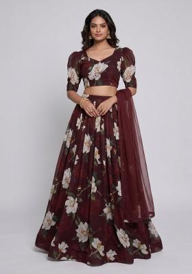 Deep Maroon Printed Georgette Lehenga Set