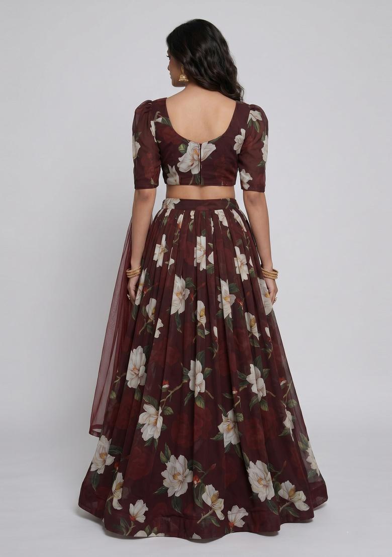 Deep Maroon Printed Georgette Lehenga Set - Indya