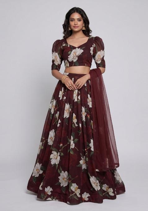 Deep Maroon Floral Print Georgette Lehenga Set