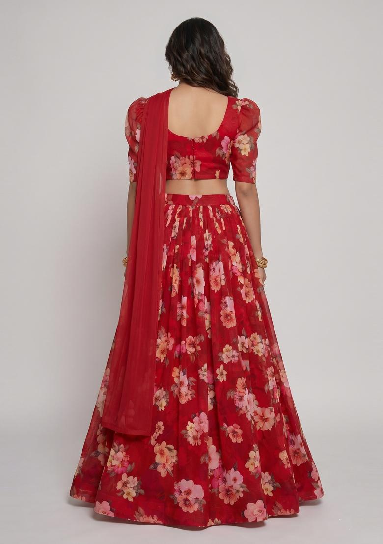 Deep Red Printed Georgette Lehenga Set - Indya
