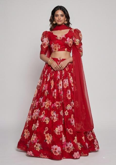 Deep Red Floral Print Georgette Lehenga Set