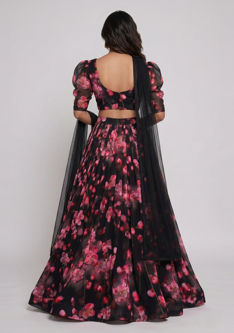 Black Printed Georgette Lehenga Set - Indya