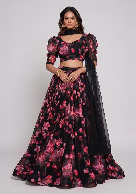 Black Floral Print Georgette Lehenga Set