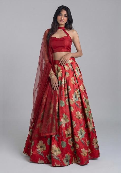 Deep Red Floral Print Tissue Lehenga Set