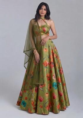 Olive Green Printed Tissue Lehenga Set