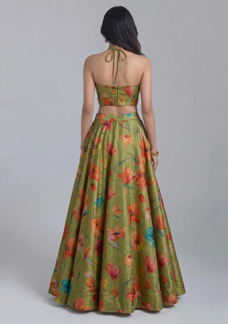 Olive Green Printed Tissue Lehenga Set - Indya