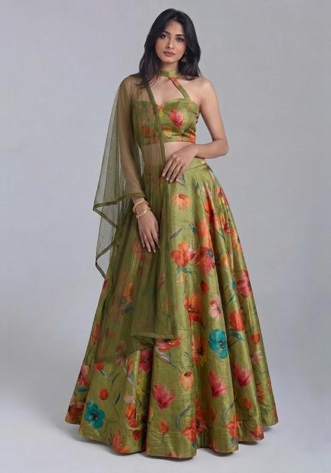 Olive Green Floral Print Tissue Lehenga Set
