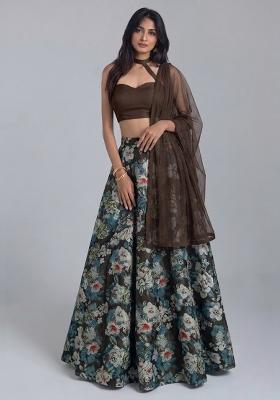 Dark Brown Printed Tissue Lehenga Set