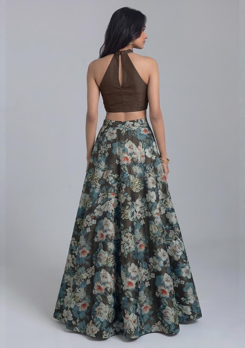 Dark Brown Printed Tissue Lehenga Set - Indya