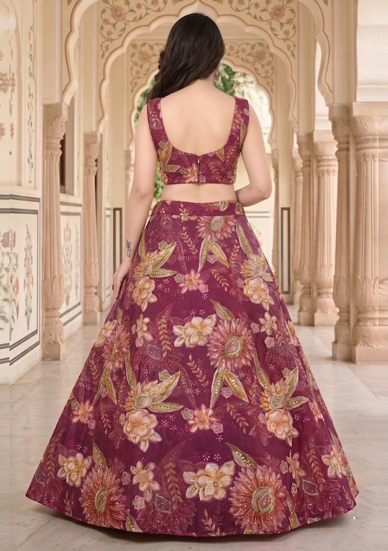 Wine Embroidered Organza Lehenga Set - Indya