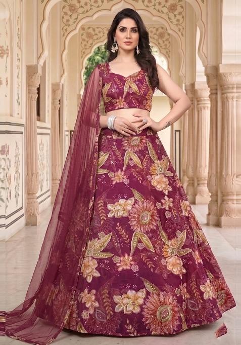 Wine Embroidered Organza Lehenga Set