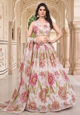 Off White Printed Organza Lehenga Set