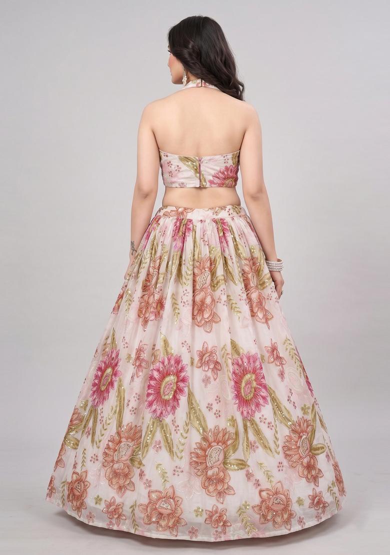 Off White Printed Organza Lehenga Set - Indya