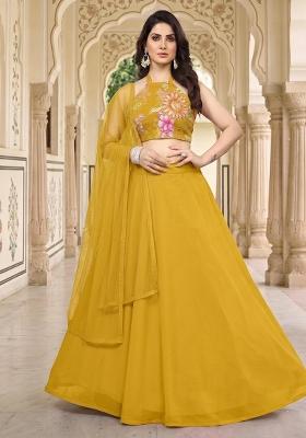 Mustard Printed Organza Lehenga Set