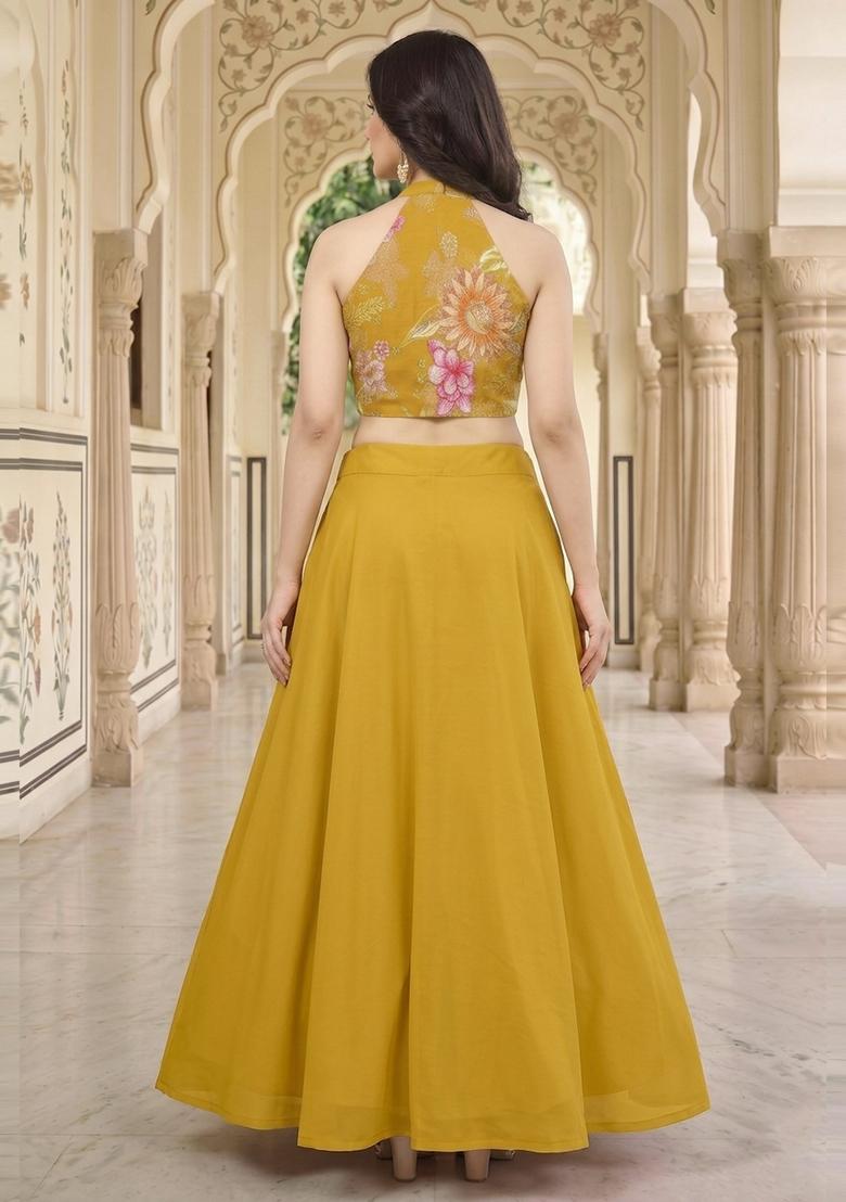 Mustard Printed Organza Lehenga Set - Indya
