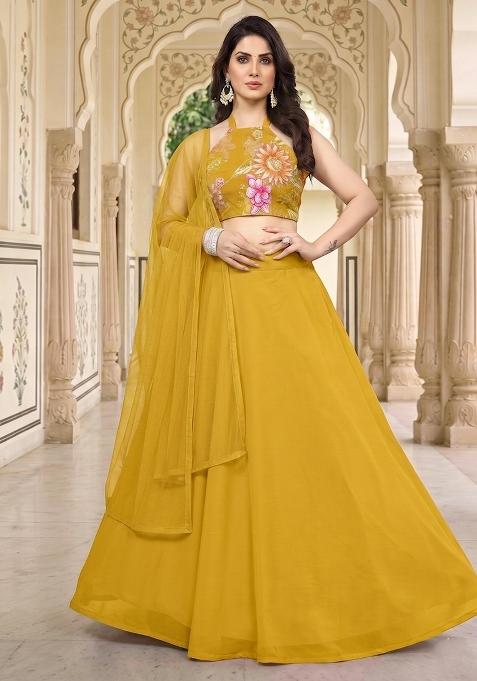 Mustard Floral Print Organza Lehenga Set