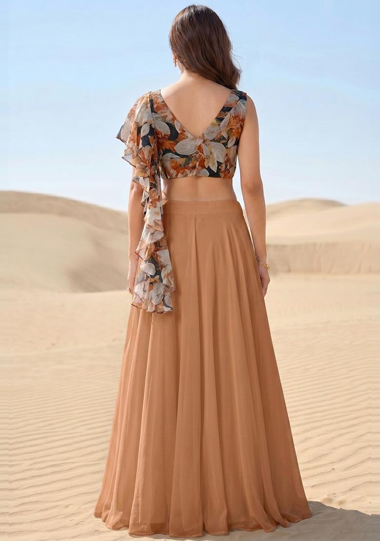 Beige Printed Georgette Lehenga Set - Indya
