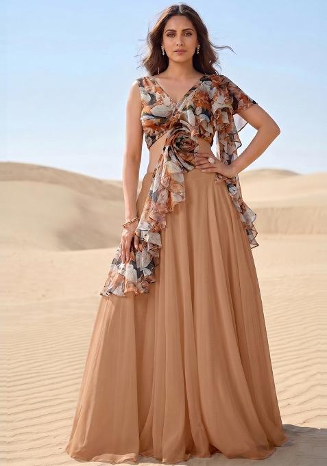 Beige Abstract Print Georgette Lehenga Set