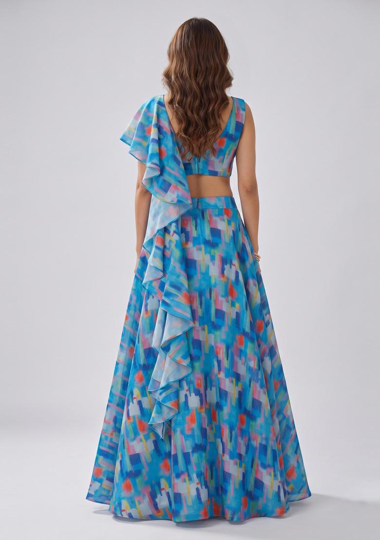 Blue Printed Georgette Lehenga Set - Indya