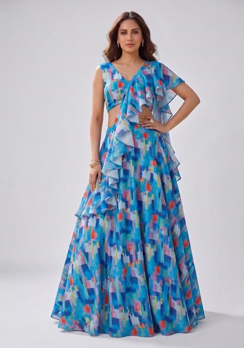 Blue Abstract Print Georgette Lehenga Set