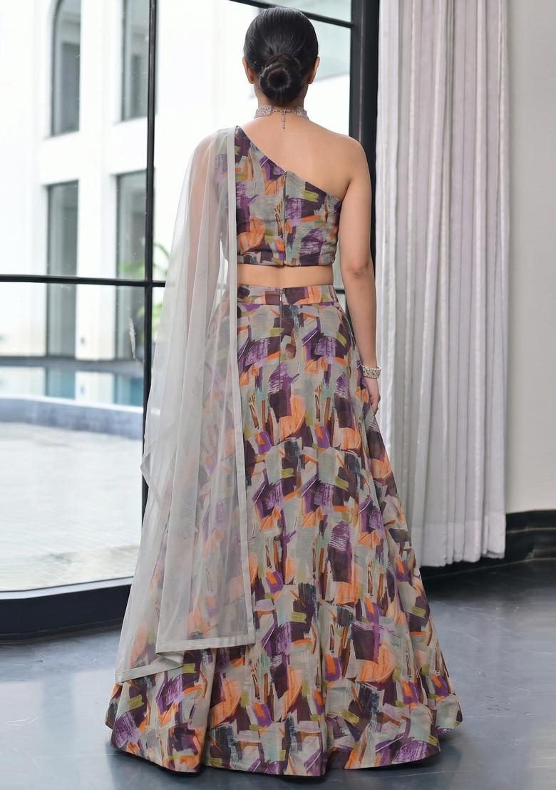 Grey Printed Georgette Lehenga Set - Indya