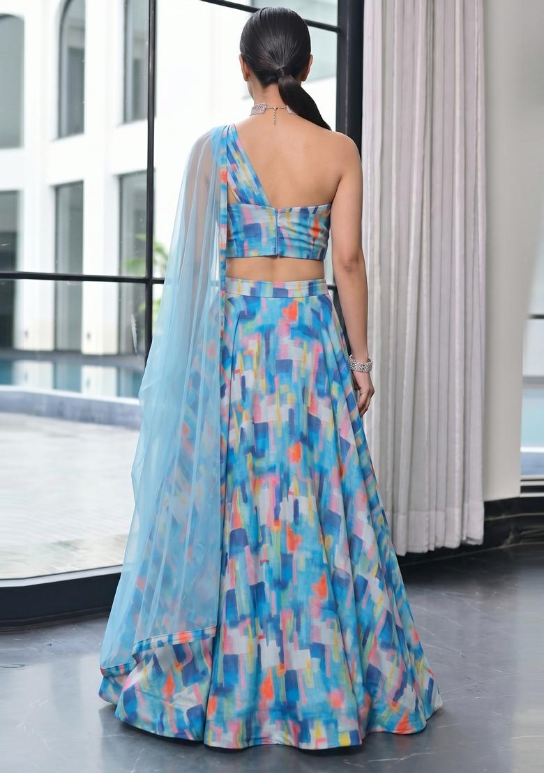 Light Blue Printed Georgette Lehenga Set - Indya