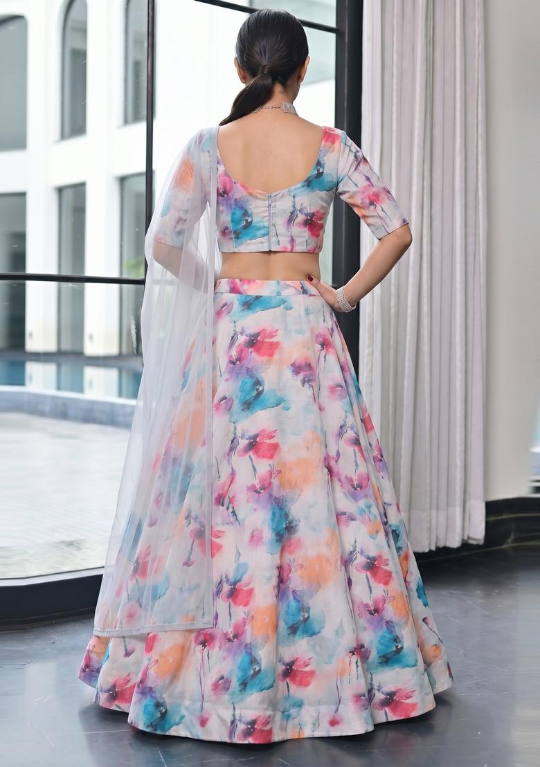 White Printed Georgette Lehenga Set - Indya