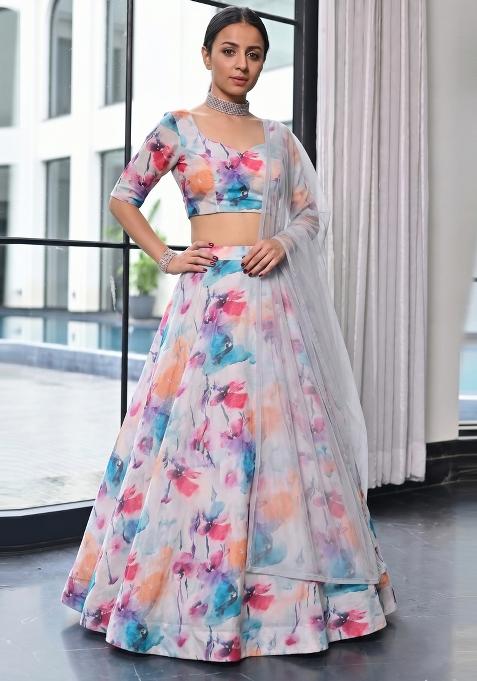 White Floral Print Georgette Lehenga Set