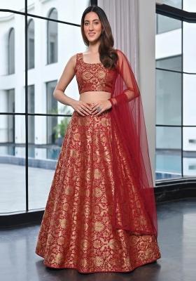 Crimson Red Jacquard Brocade Lehenga Set
