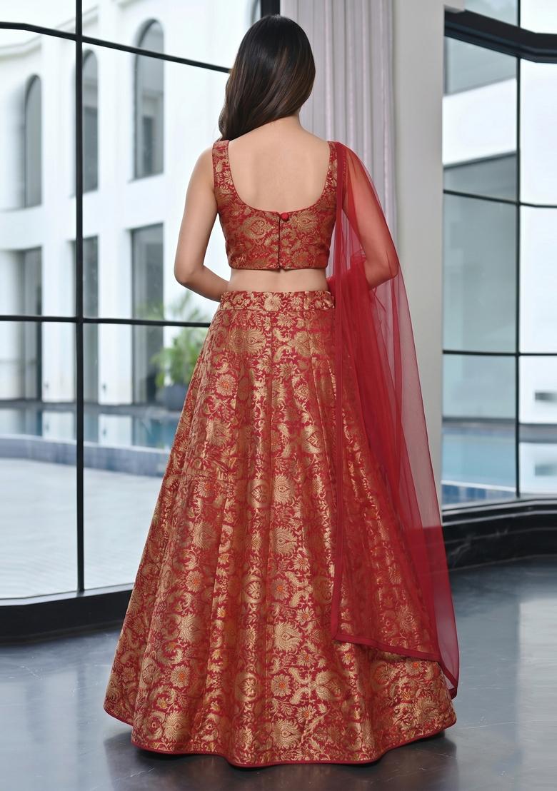 Crimson Red Jacquard Brocade Lehenga Set - Indya