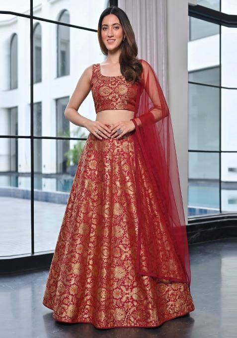 Crimson Red Brocade Lehenga Set