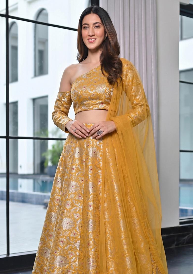 Yellow Jacquard Brocade Lehenga Set - Indya