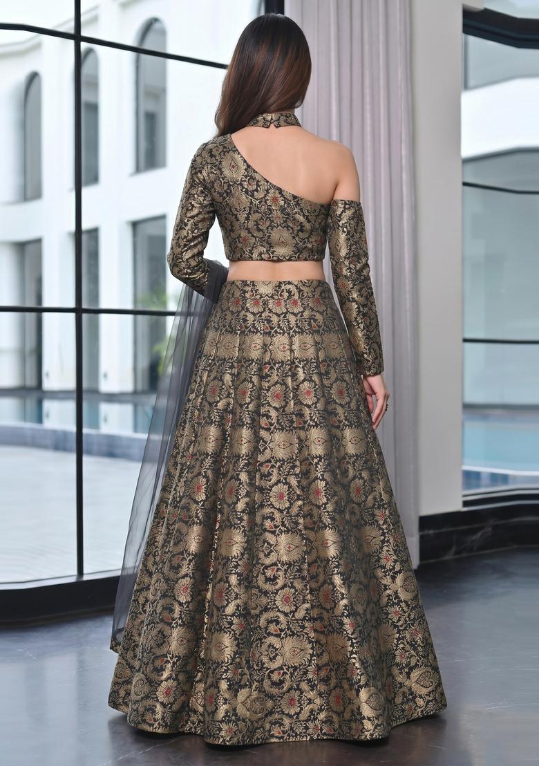 Grey Jacquard Brocade Lehenga Set - Indya