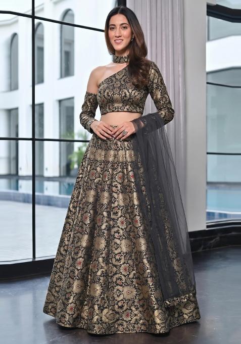 Grey Brocade Lehenga Set