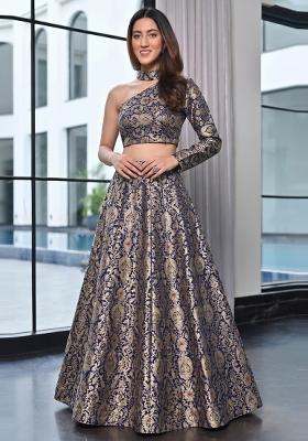 Dark Blue Jacquard Brocade Lehenga Set