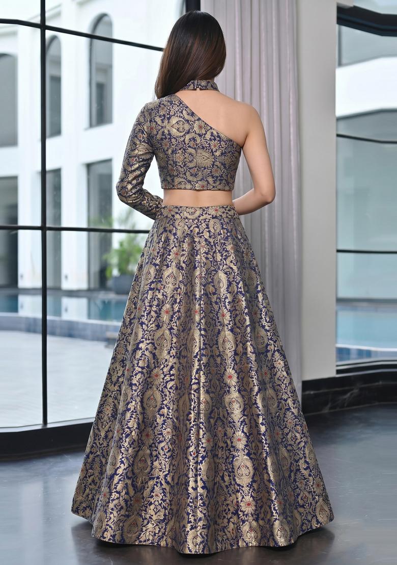 Dark Blue Jacquard Brocade Lehenga Set - Indya