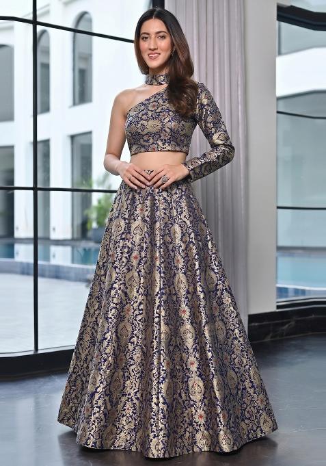 Dark Blue Jacquard Brocade Lehenga Set