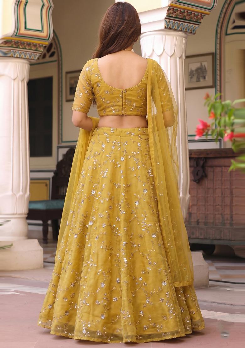 Mustard Embroidered Organza Lehenga Set - Indya