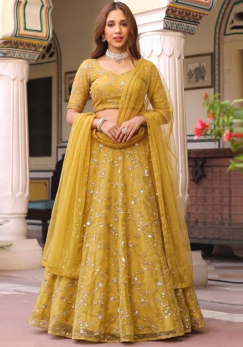Mustard Embroidered Organza Lehenga Set