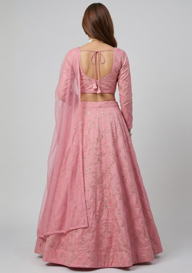 Dusty Pink Embroidered Organza Lehenga Set - Indya