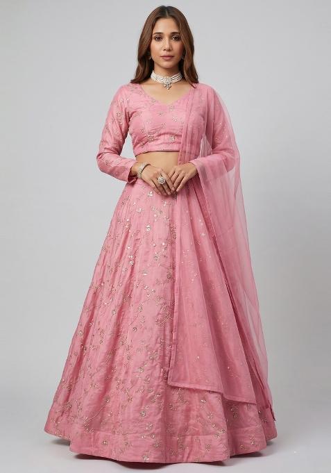 Dusty Pink Embroidered Organza Lehenga Set