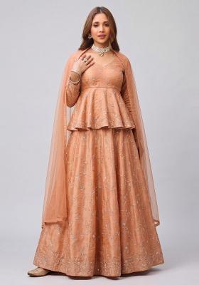 Peach Embroidered Organza Lehenga Set