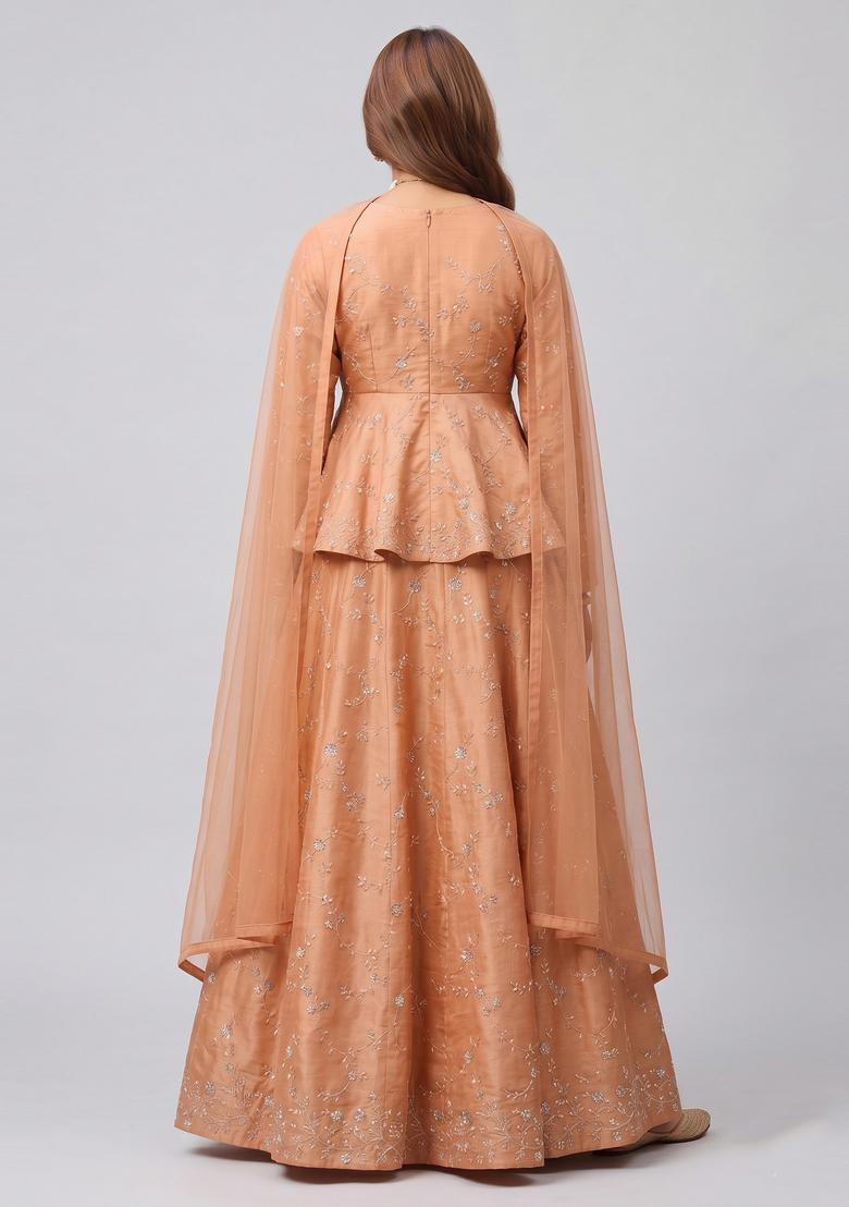 Peach Embroidered Organza Lehenga Set - Indya