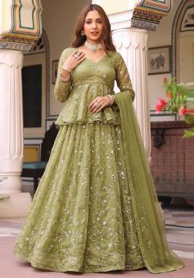 Olive Embroidered Organza Lehenga Set