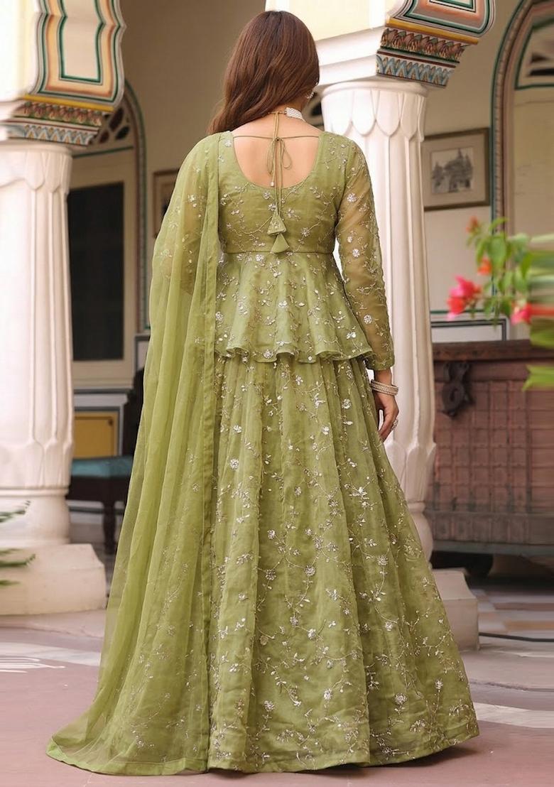 Olive Embroidered Organza Lehenga Set - Indya