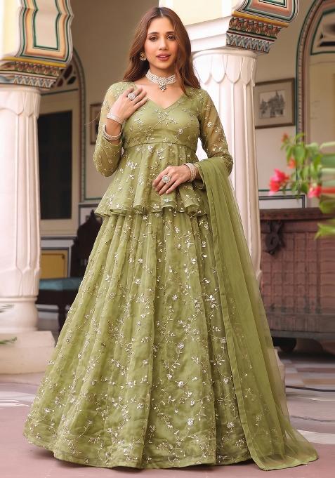 Olive Embroidered Organza Lehenga Set