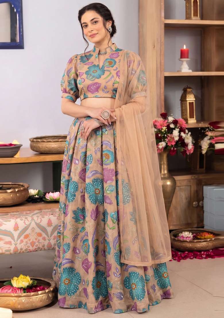 Beige Printed Organza Lehenga Set - Indya